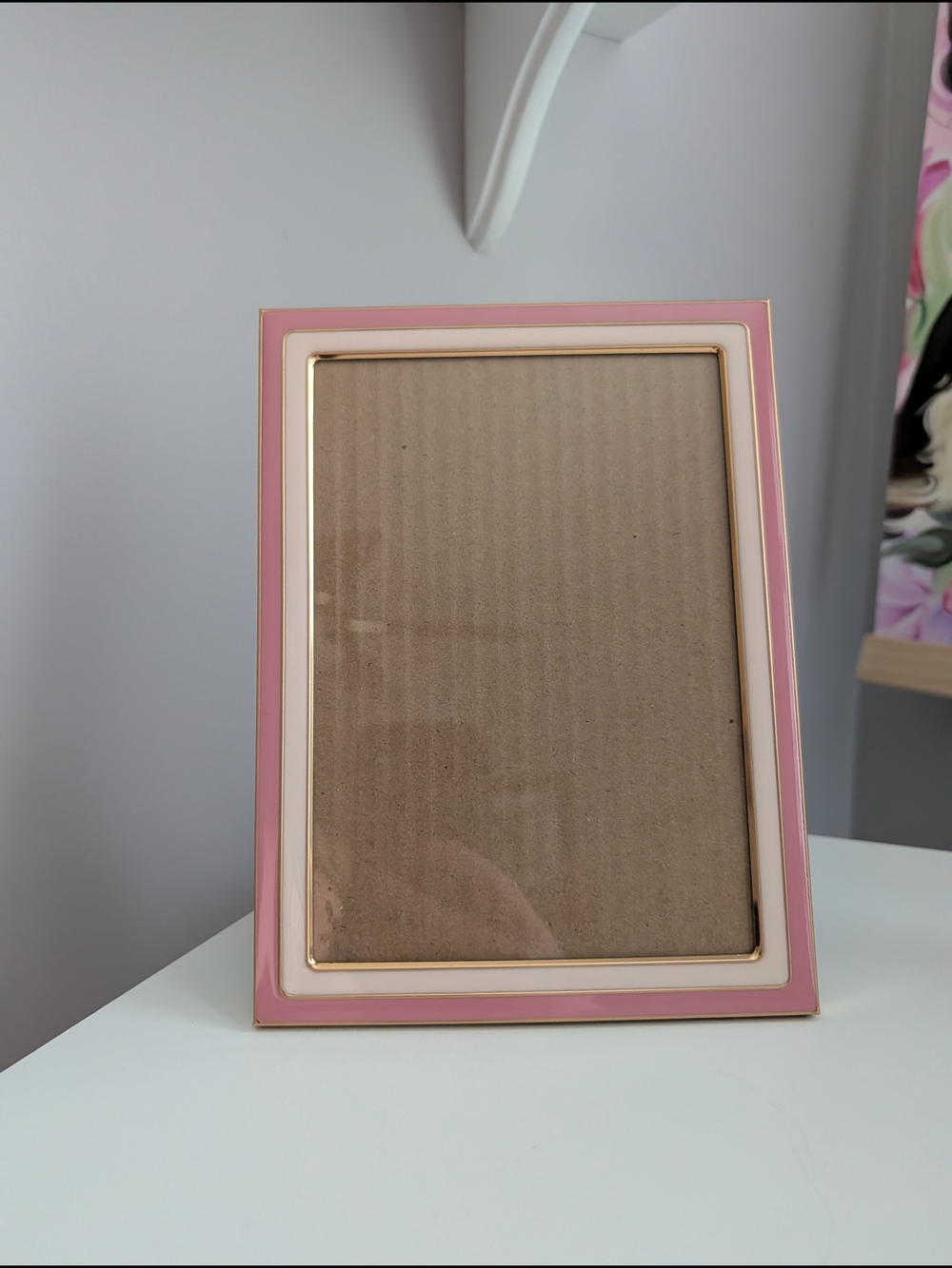 Pink & White Enamel Photo Frame with Gold Trim